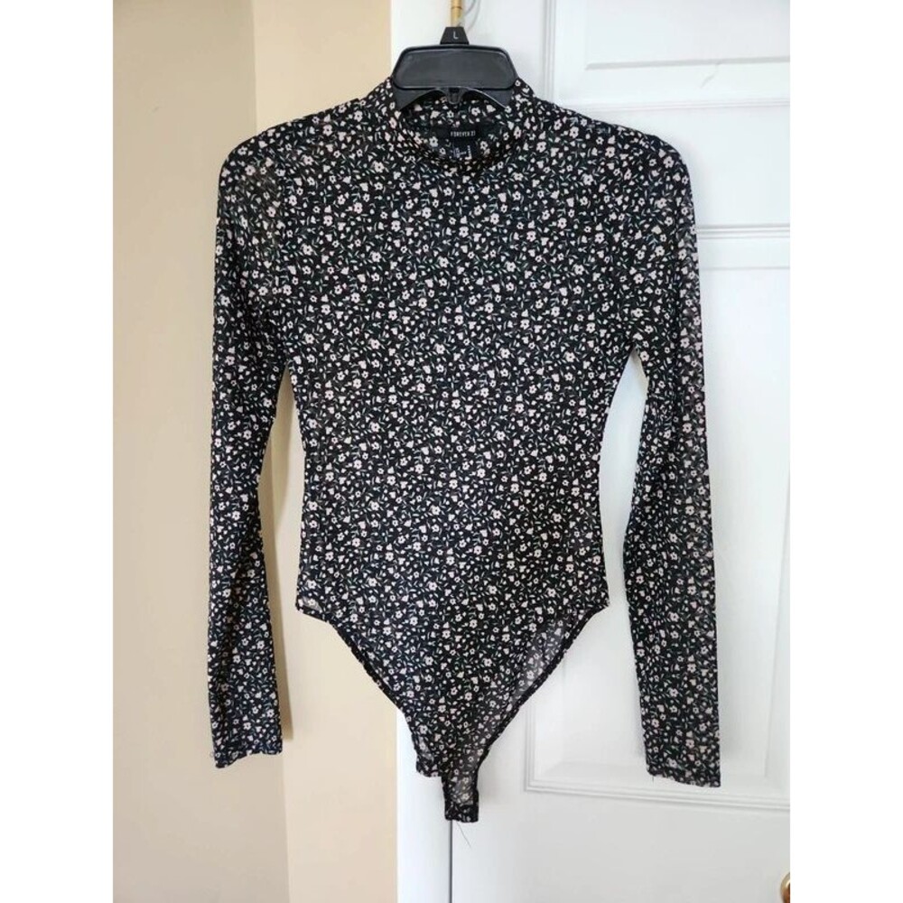 Sheer Black Floral long sleeve body suit, Medium